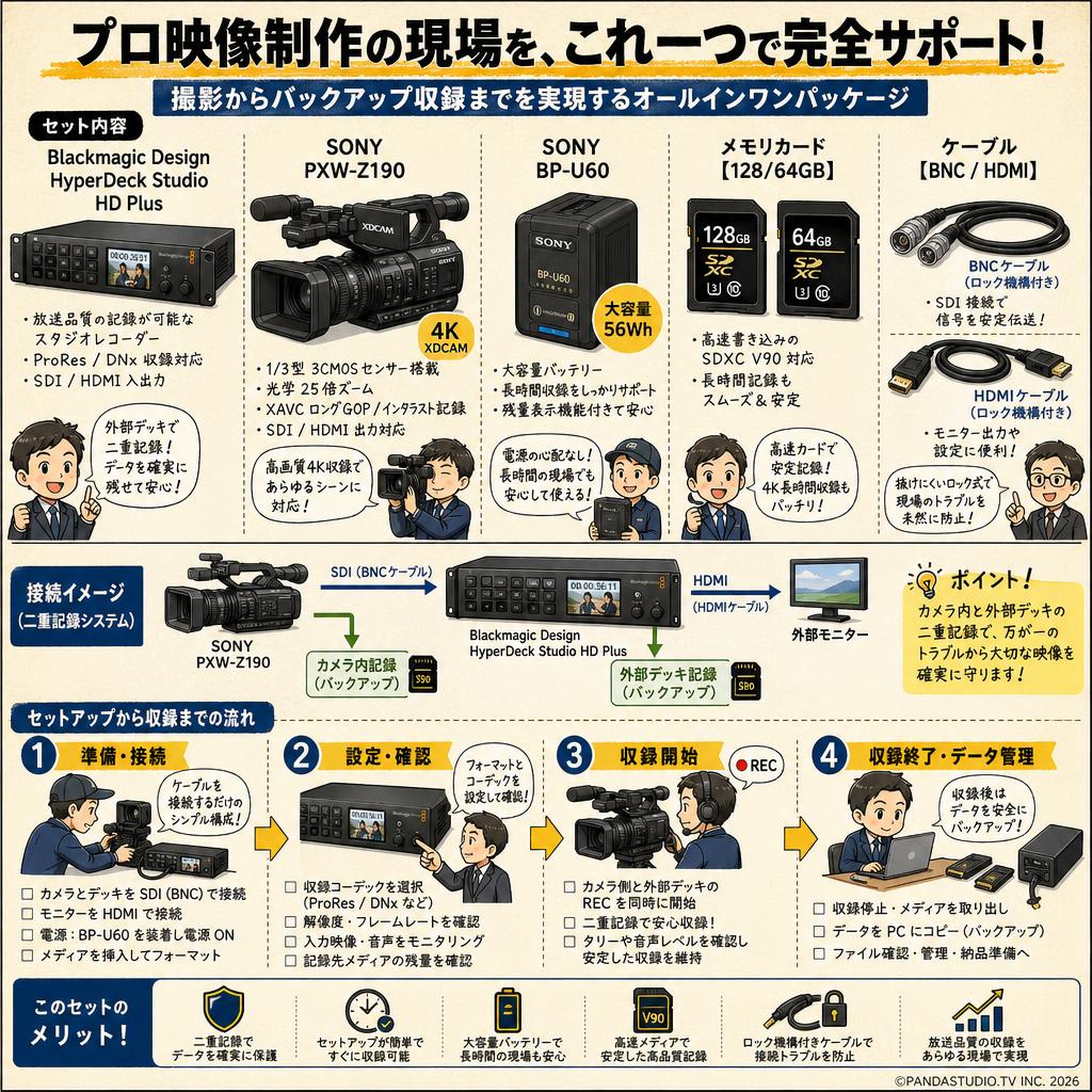 Blackmagic Design HyperDeck Studio HD Plus / SONY PXW-Z190 / SONY BP-U60  / メモリカード【128/64GB】/ ケーブル【BNC / HDMI】 セット 概要