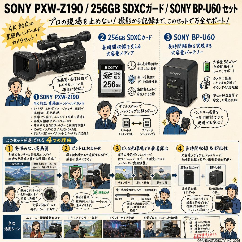 SONY PXW-Z190 / 256GB SDXCガード / SONY BP-U60  セット 概要