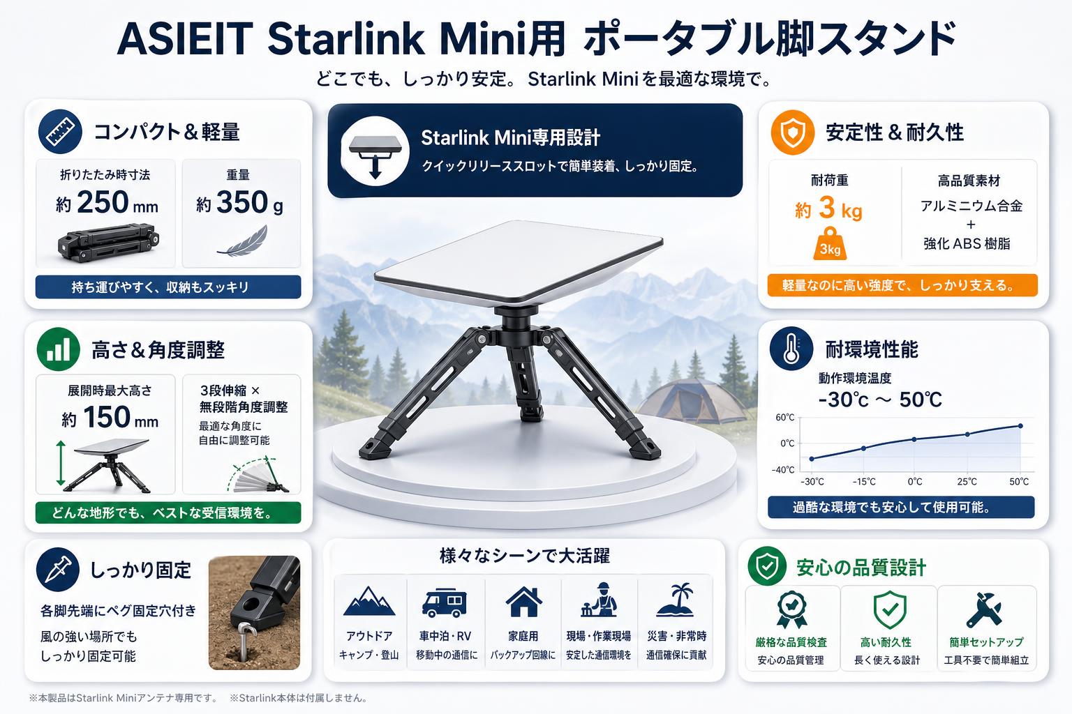 ASIEIT Starlink Mini用 ポータブル脚スタンド スペック
