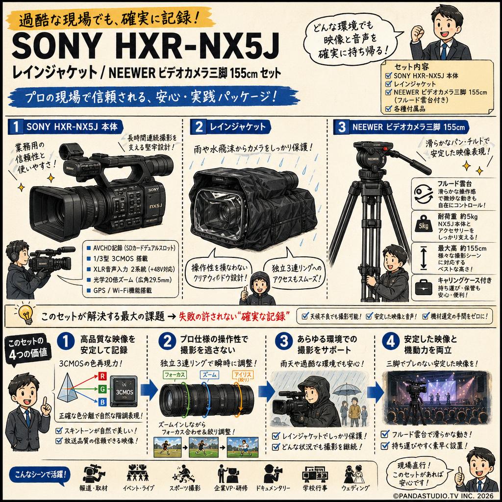 SONY HXR-NX5J レインジャケット/ NEEWER ビデオカメラ三脚 155cm セット 概要