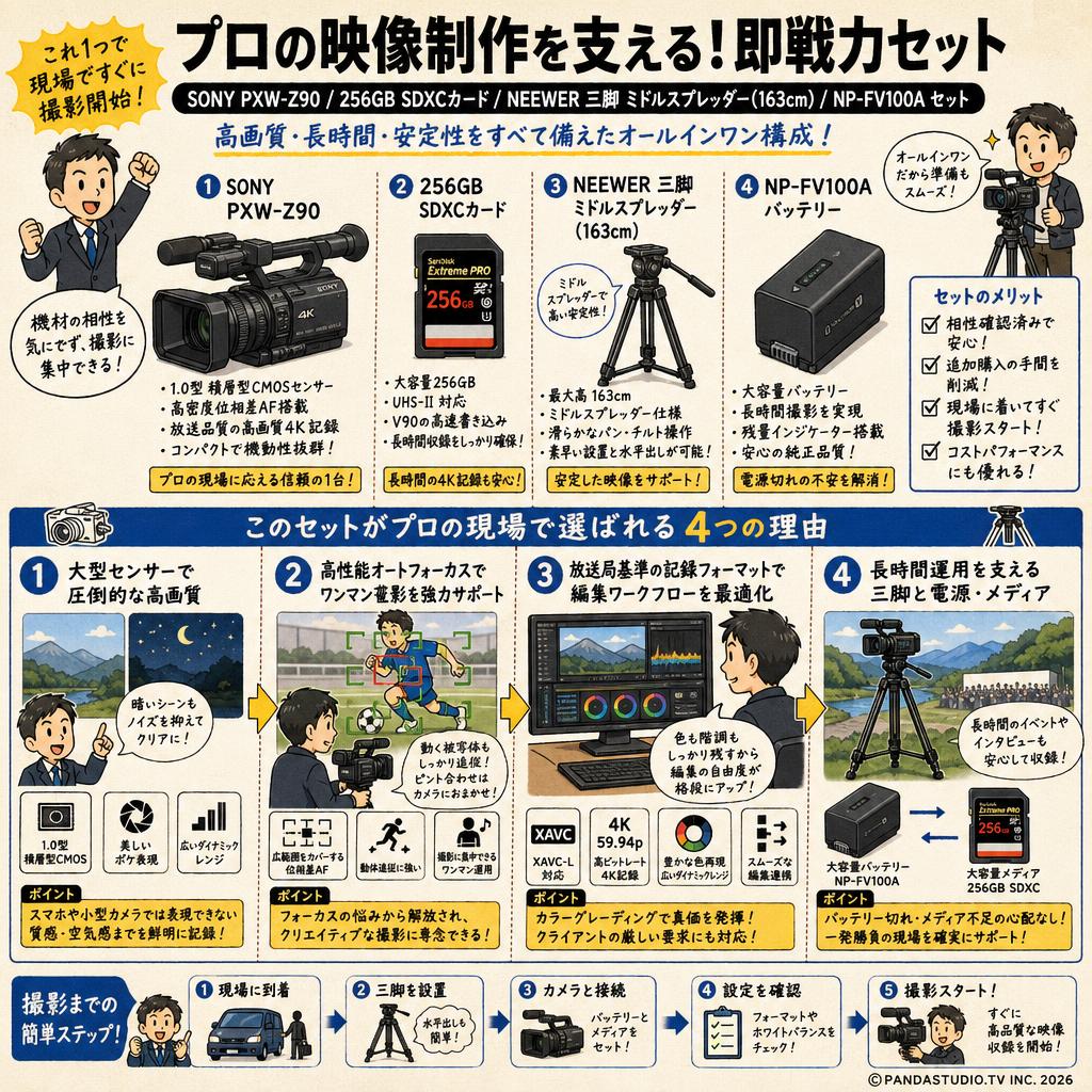 SONY PXW-Z90 / 256GB SDXCカード / NEEWER 三脚 ミドルスプレッダー(163cm) / NP-FV100A セット 概要