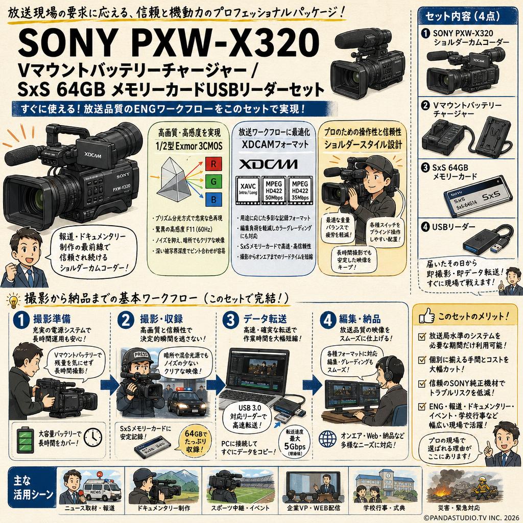 SONY PXW-X320 /  Vマウントバッテリーチャージャー / SxS 64GB メモリーカードUSBリーダーセット 概要