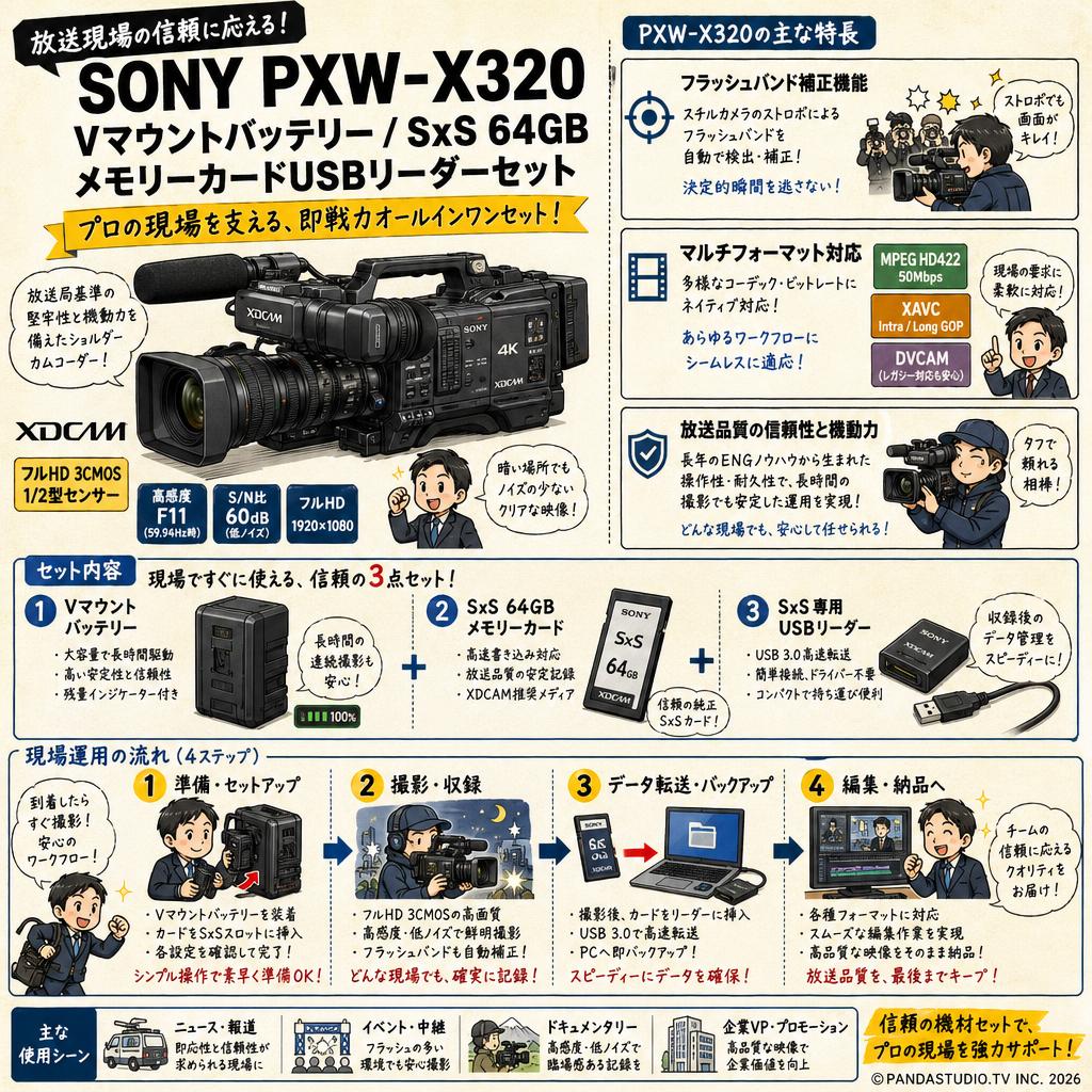SONY PXW-X320 /  Vマウントバッテリー / SxS 64GB メモリーカードUSBリーダーセット 概要