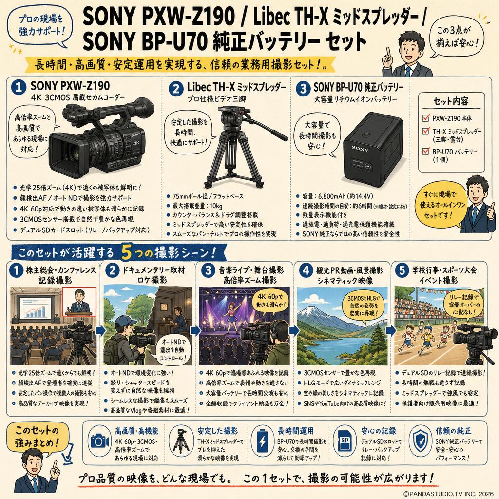 SONY PXW-Z190 / Libec TH-X ミッドスプレッダー / SONY BP-U70 純正バッテリー セット 用途