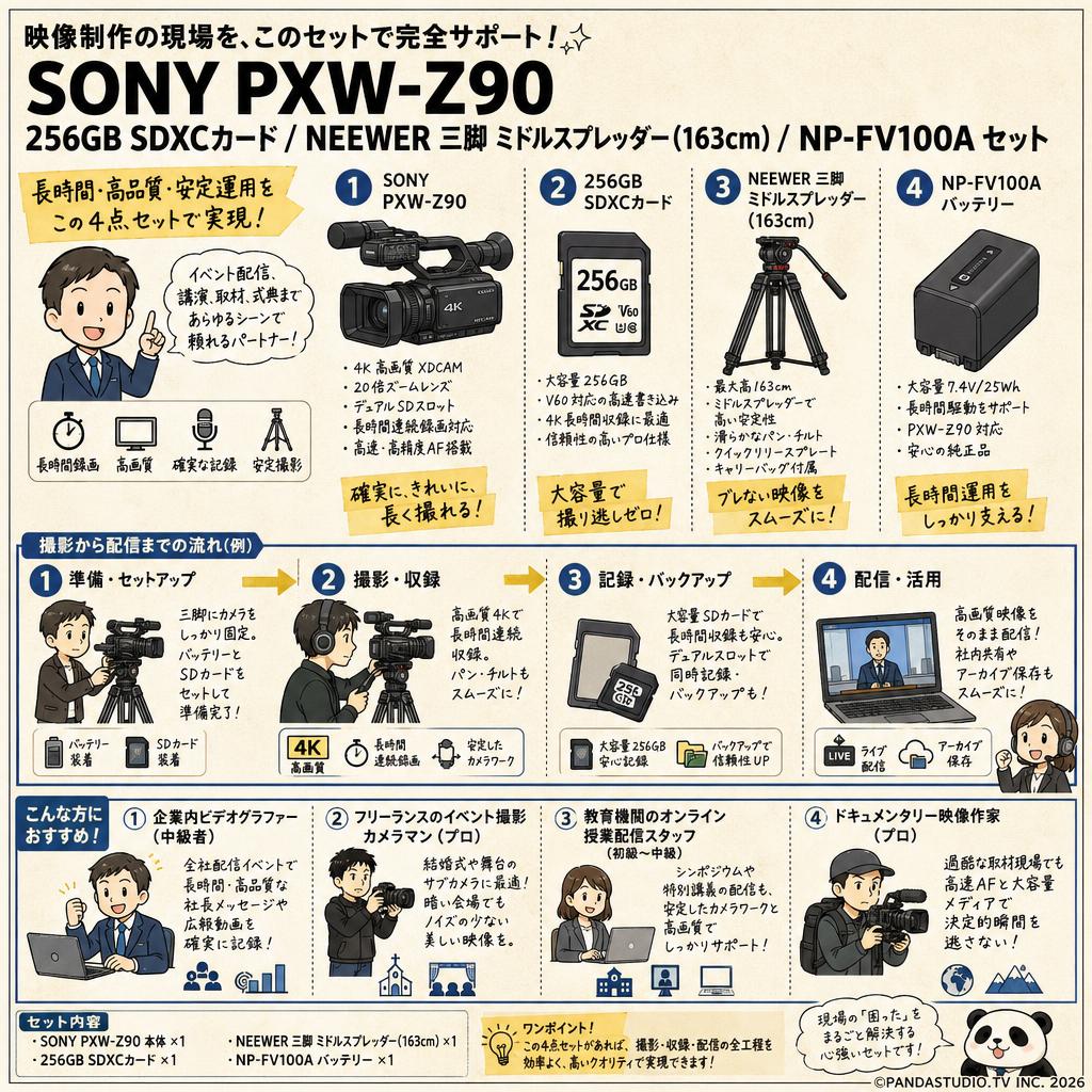 SONY PXW-Z90 / 256GB SDXCカード / NEEWER 三脚 ミドルスプレッダー(163cm) / NP-FV100A セット おもな対象のお客様