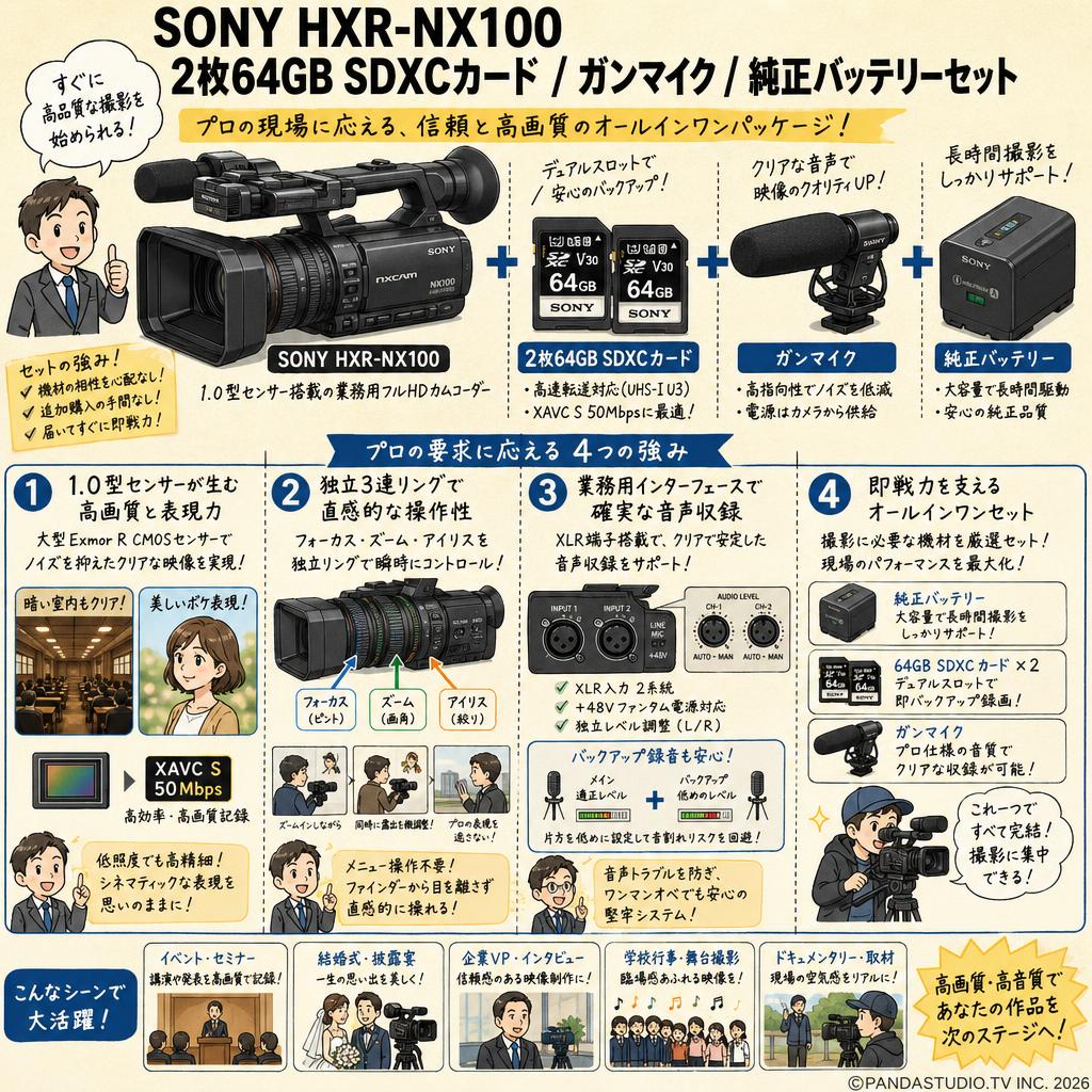 SONY HXR-NX100 / 2枚64GB SDXCカード / ガンマイク / 純正バッテリーセット 概要