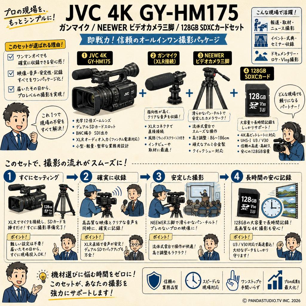 JVC 4K GY-HM175 / ガンマイク  / NEEWER ビデオカメラ三脚 / 128GB SDXCカードセット 概要