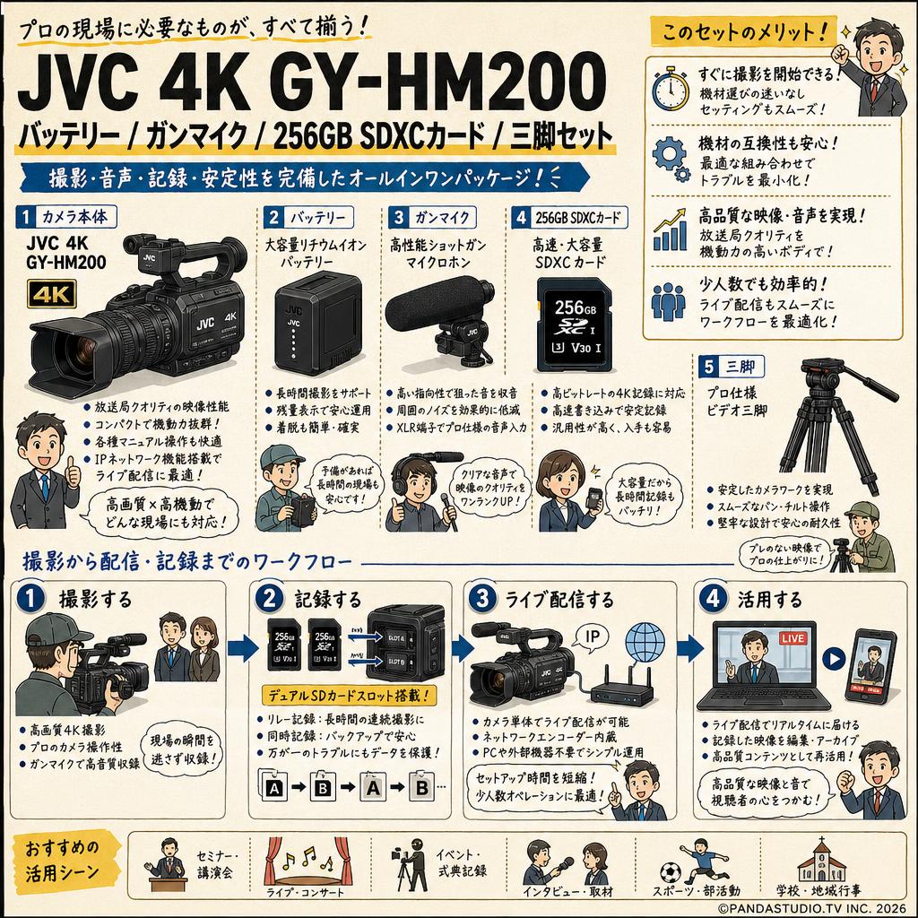 JVC  4K GY-HM200 / バッテリー / ガンマイク / 256GB SDXCカード / 三脚セット 概要