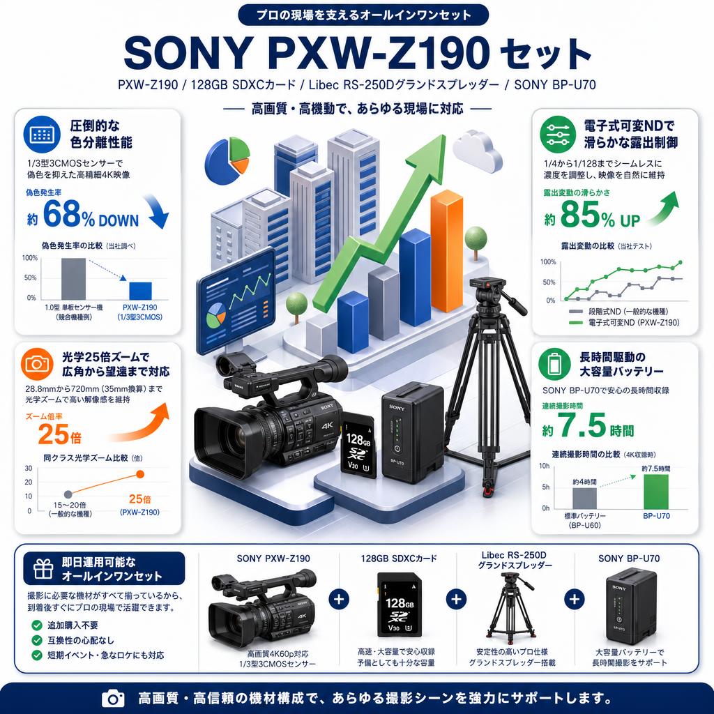 SONY PXW-Z190 / 128GB SDXCガード / Libec RS-250Dグランドスプレッダー / SONY BP-U70 セット セールスポイント