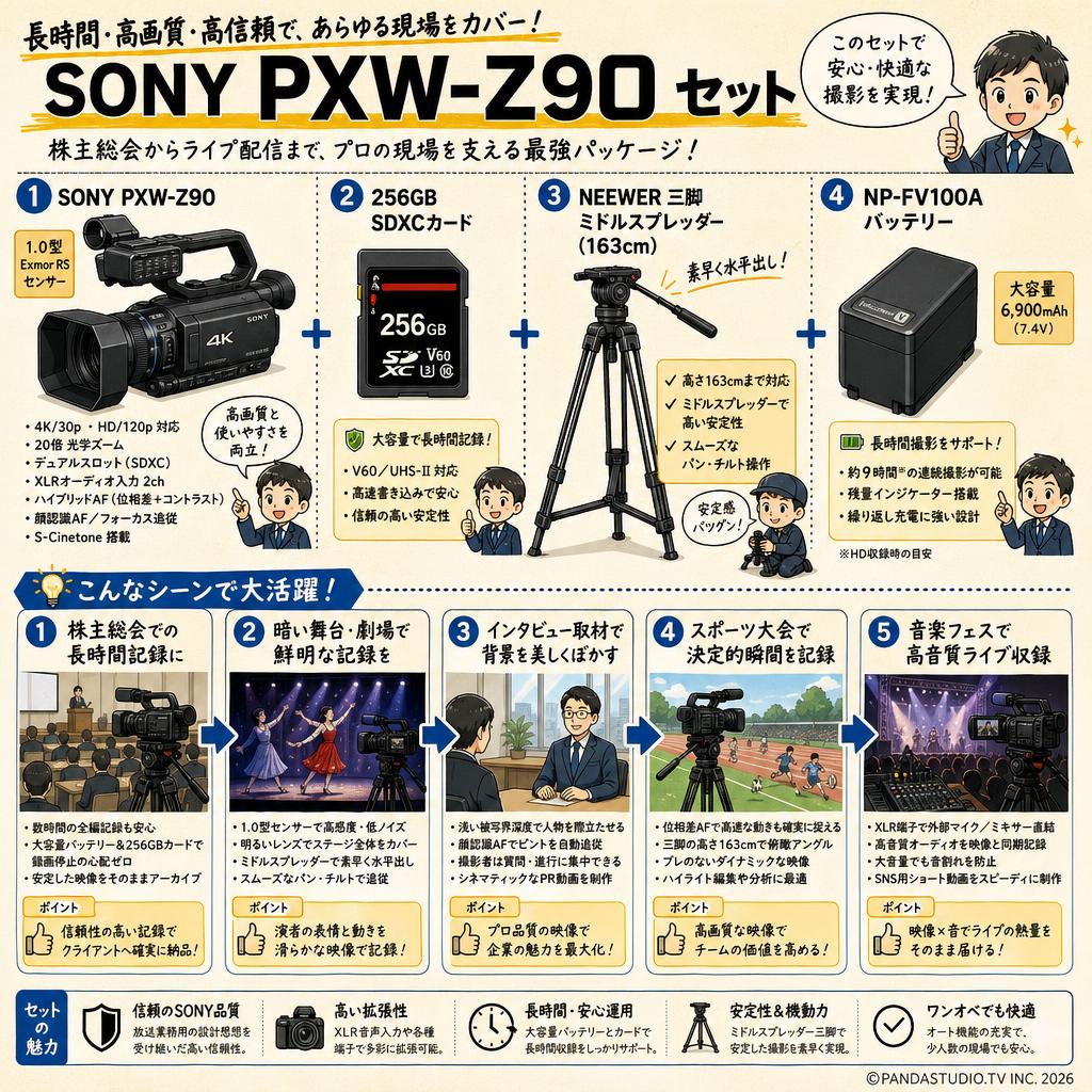 SONY PXW-Z90 / 256GB SDXCカード / NEEWER 三脚 ミドルスプレッダー(163cm) / NP-FV100A セット 用途