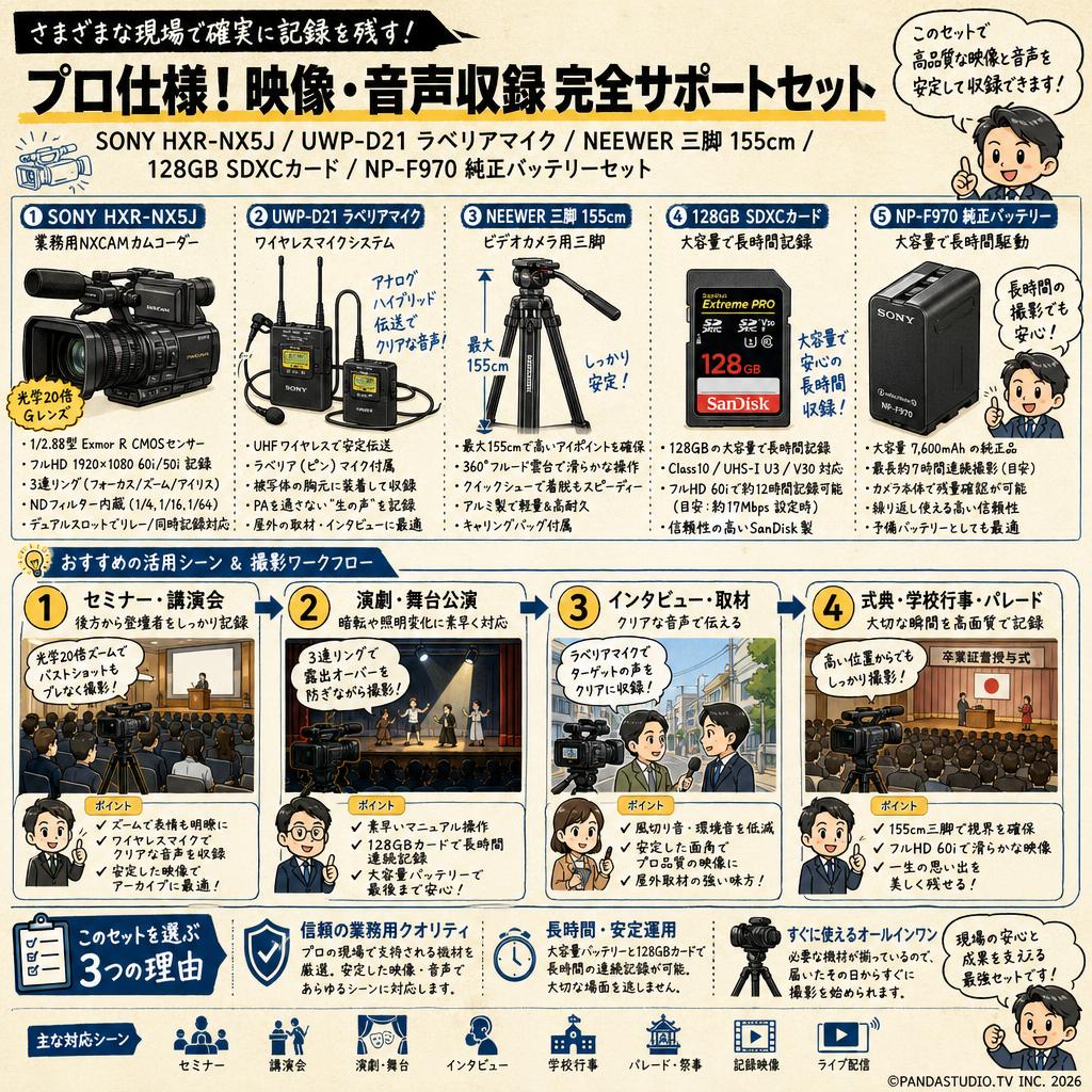 SONY HXR-NX5J / UWP-D21 ラベリアマイク / NEEWER 三脚 155cm / 128GB SDXCカード / NP-F970 純正バッテリーセット 用途