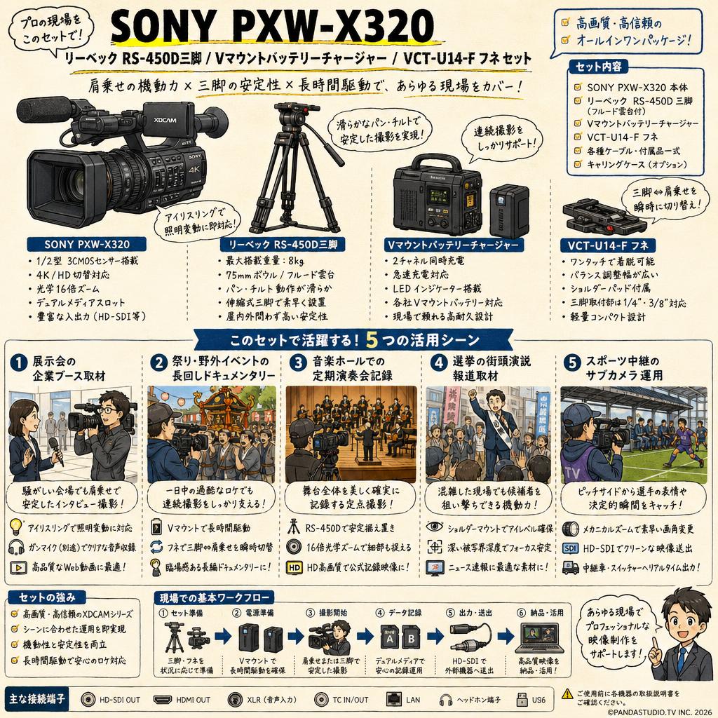 SONY PXW-X320 / リーベック RS-450D三脚 / Vマウントバッテリーチャージャー / VCT-U14-F フネ セット 用途