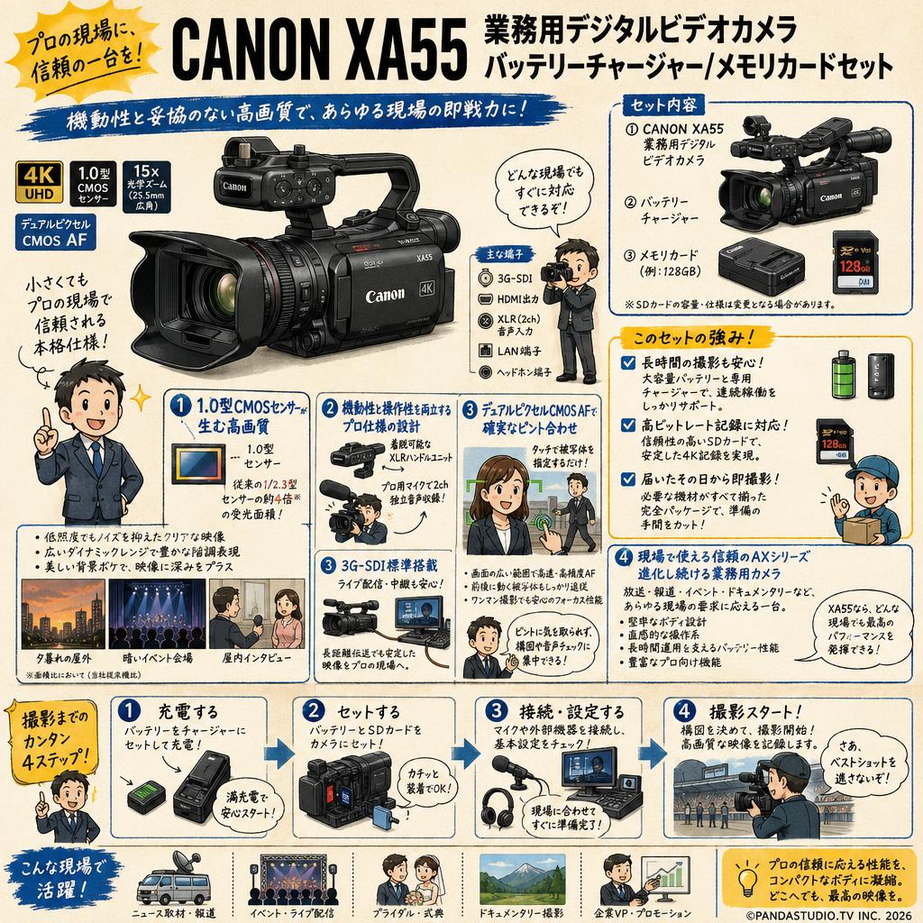 CANON XA55 業務用デジタルビデオカメラ / バッテリーチャージャー/メモリカードセット 概要