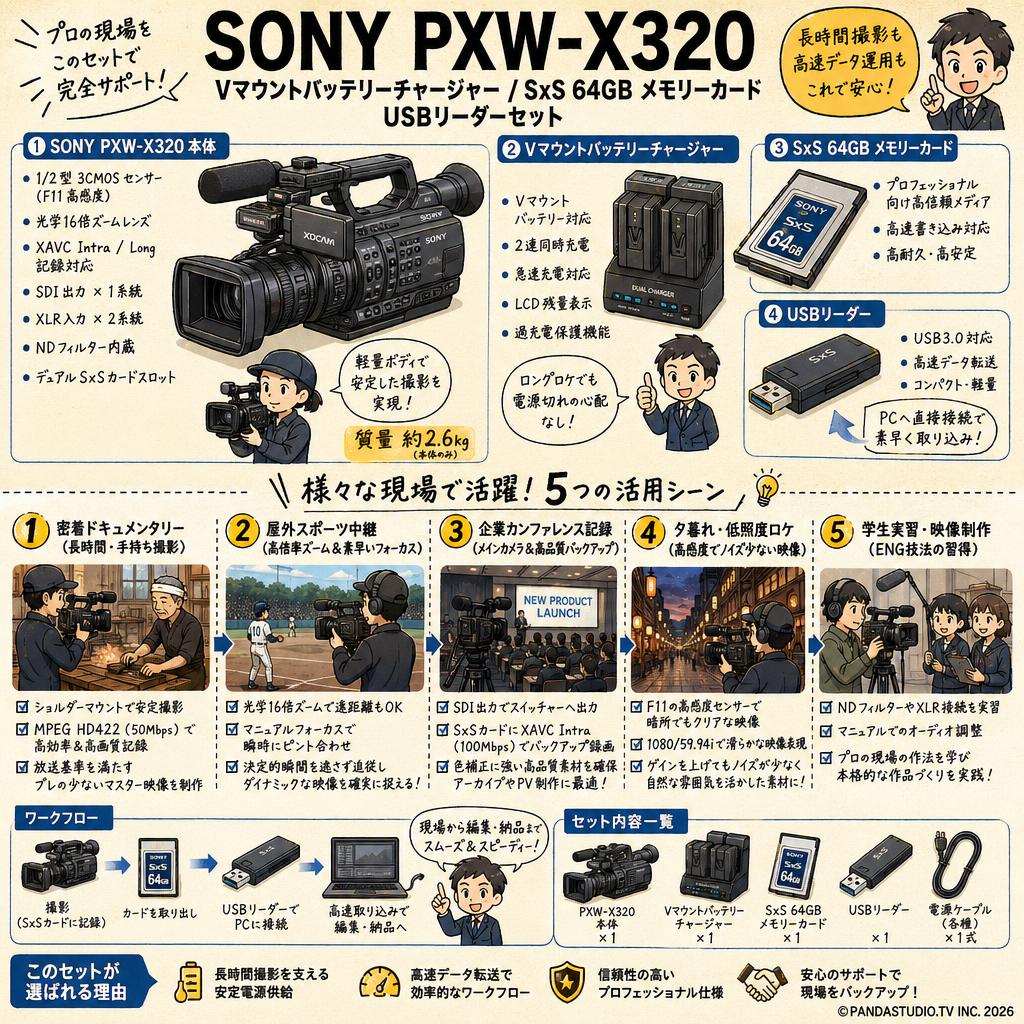 SONY PXW-X320 /  Vマウントバッテリーチャージャー / SxS 64GB メモリーカードUSBリーダーセット 用途