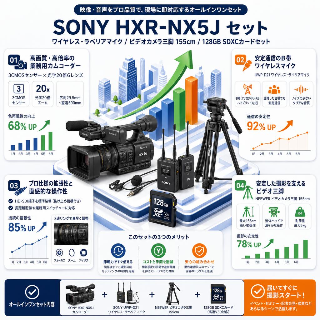 SONY HXR-NX5J / UWP-D21 ワイヤレス・ラベリアマイク / NEEWER ビデオカメラ三脚 155cm / 128GB SDXCカードセット セールスポイント