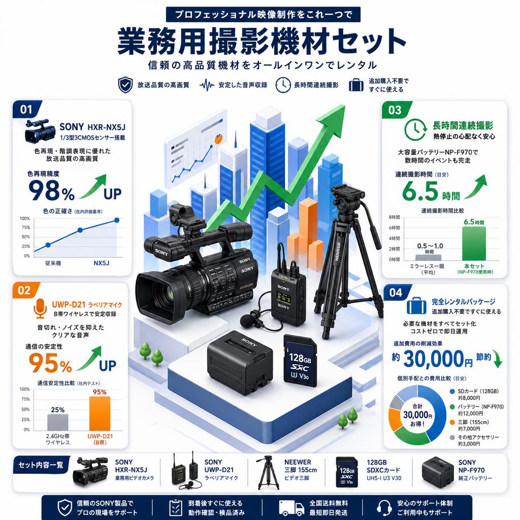 SONY HXR-NX5J / UWP-D21 ラベリアマイク / NEEWER 三脚 155cm / 128GB SDXCカード / NP-F970 純正バッテリーセット セールスポイント