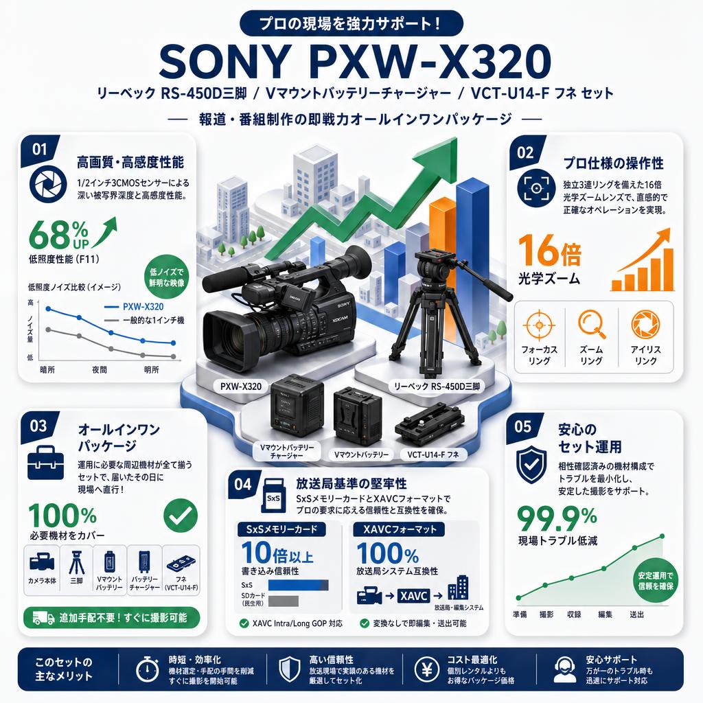 SONY PXW-X320 / リーベック RS-450D三脚 / Vマウントバッテリーチャージャー / VCT-U14-F フネ セット セールスポイント