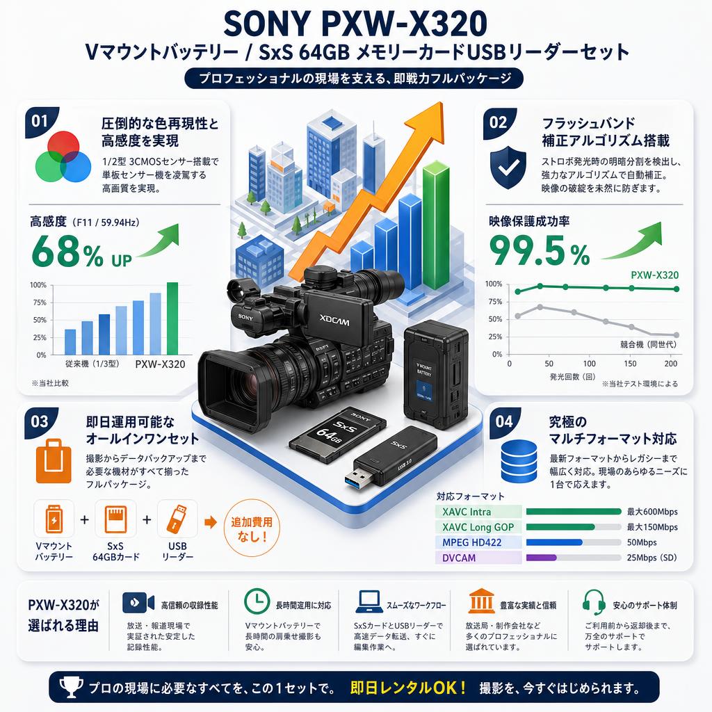 SONY PXW-X320 /  Vマウントバッテリー / SxS 64GB メモリーカードUSBリーダーセット セールスポイント