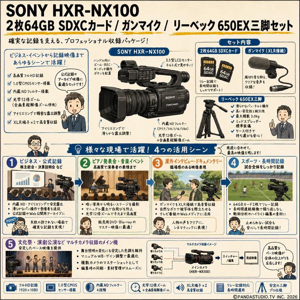 SONY HXR-NX100 / 2枚64GB SDXCカード / ガンマイク / リーベック 650EX三脚セット 用途