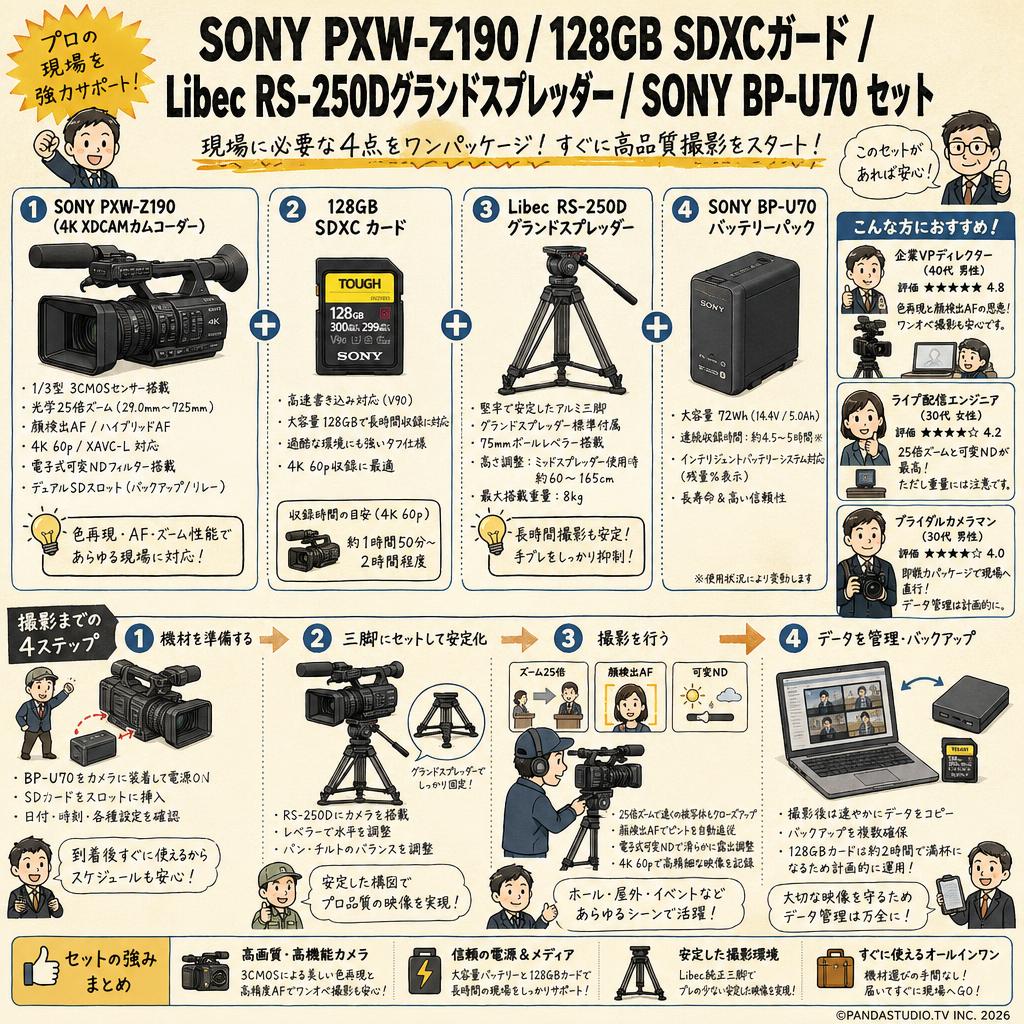 SONY PXW-Z190 / 128GB SDXCガード / Libec RS-250Dグランドスプレッダー / SONY BP-U70 セット インターネット上のお客様の声（評判）