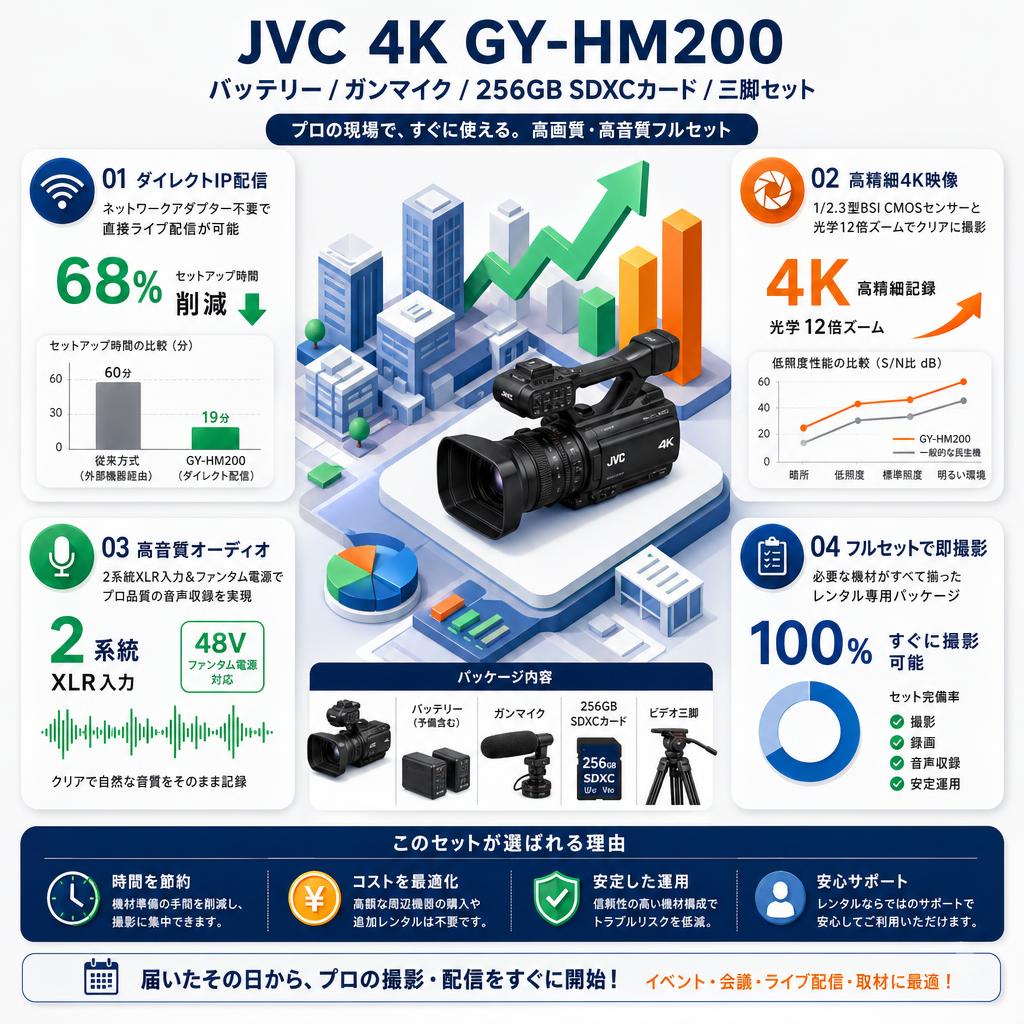 JVC  4K GY-HM200 / バッテリー / ガンマイク / 256GB SDXCカード / 三脚セット セールスポイント