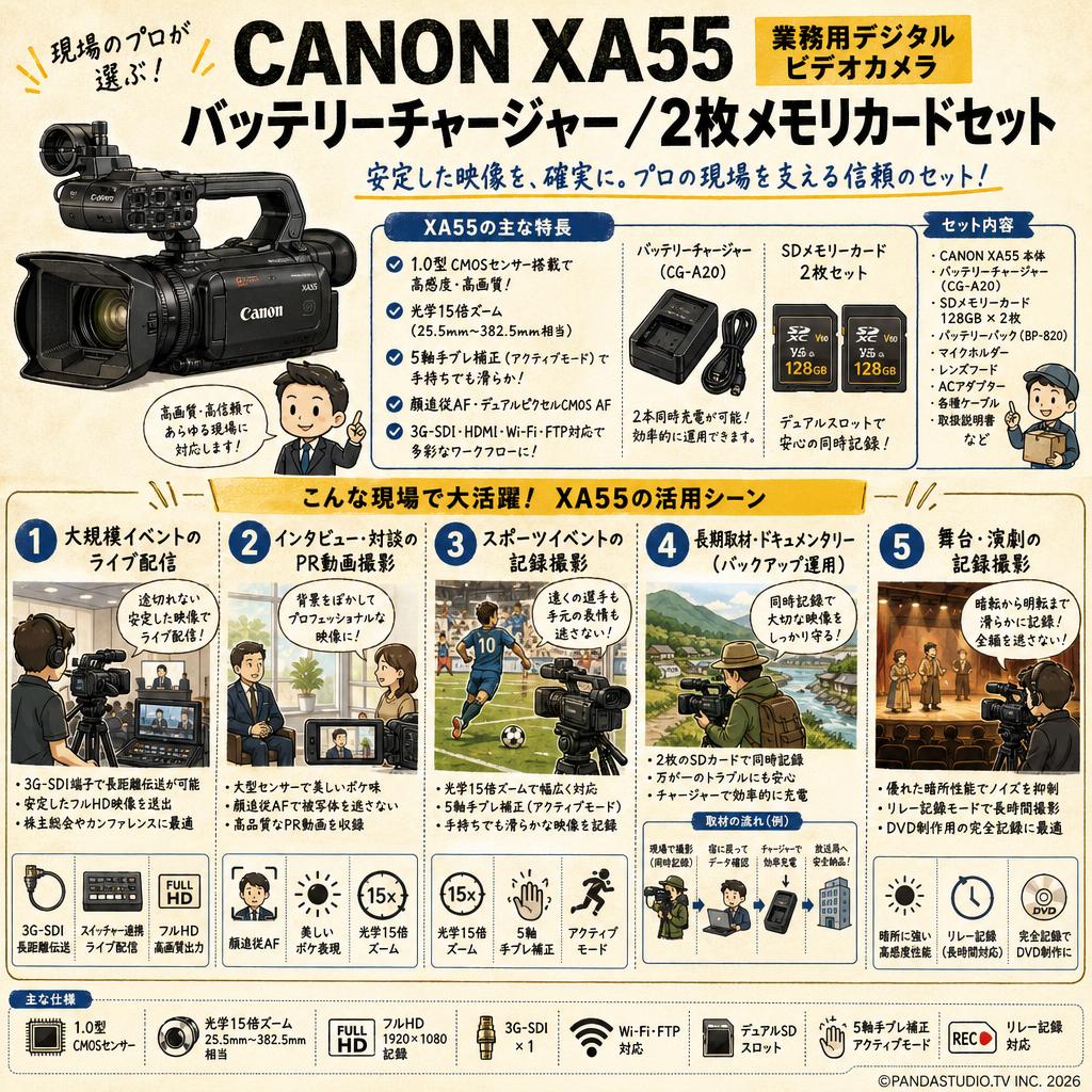 CANON XA55 業務用デジタルビデオカメラ / バッテリーチャージャー/2枚メモリカードセット 用途