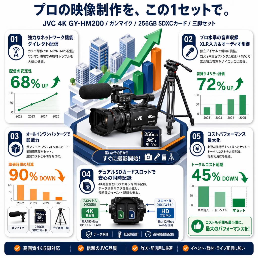 JVC  4K GY-HM200 / ガンマイク / 256GB SDXCカード / 三脚セット セールスポイント