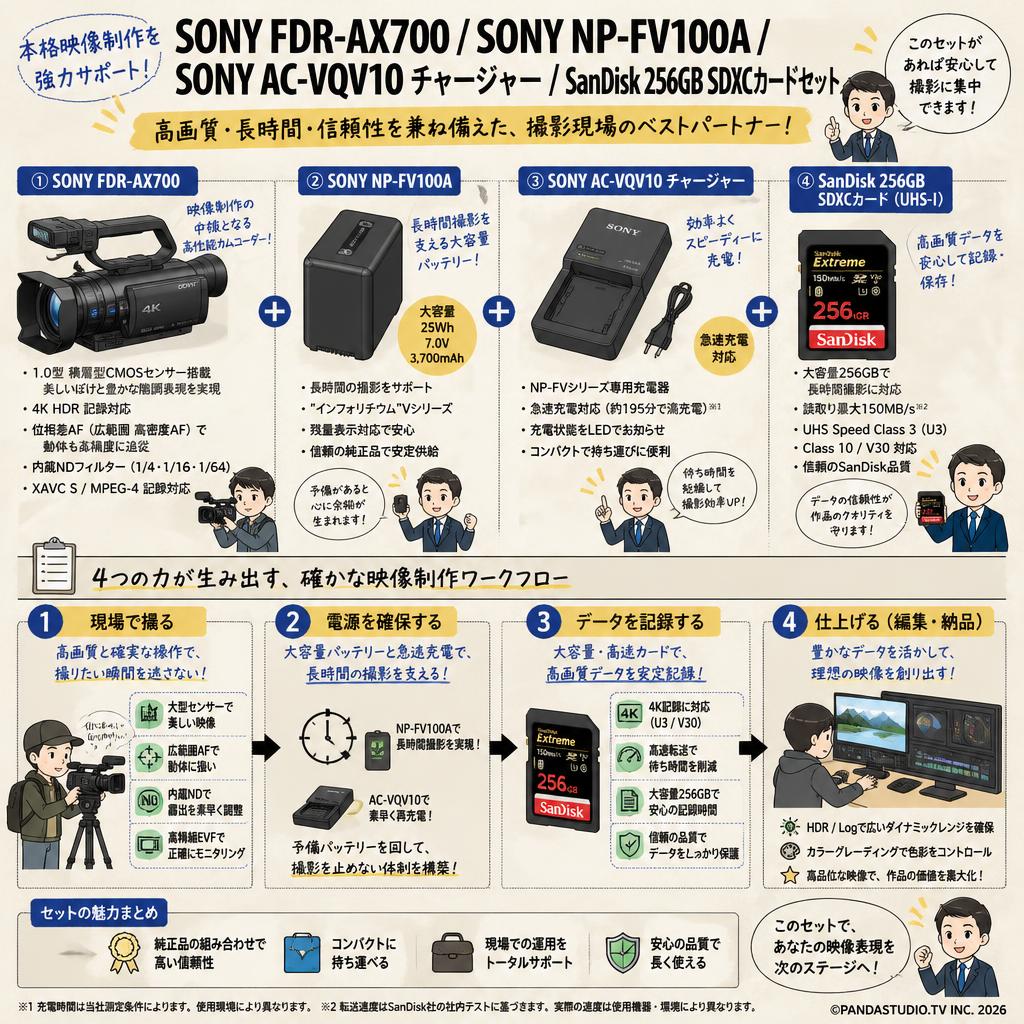 SONY FDR-AX700 / SONY NP-FV100A / SONY AC-VQV10 チャージャー / SanDisk 256GB SDXCカードセット 概要