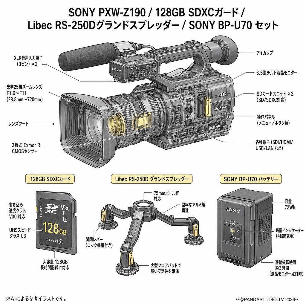 SONY PXW-Z190 / 128GB SDXCガード / Libec RS-250Dグランドスプレッダー / SONY BP-U70 セット スペック