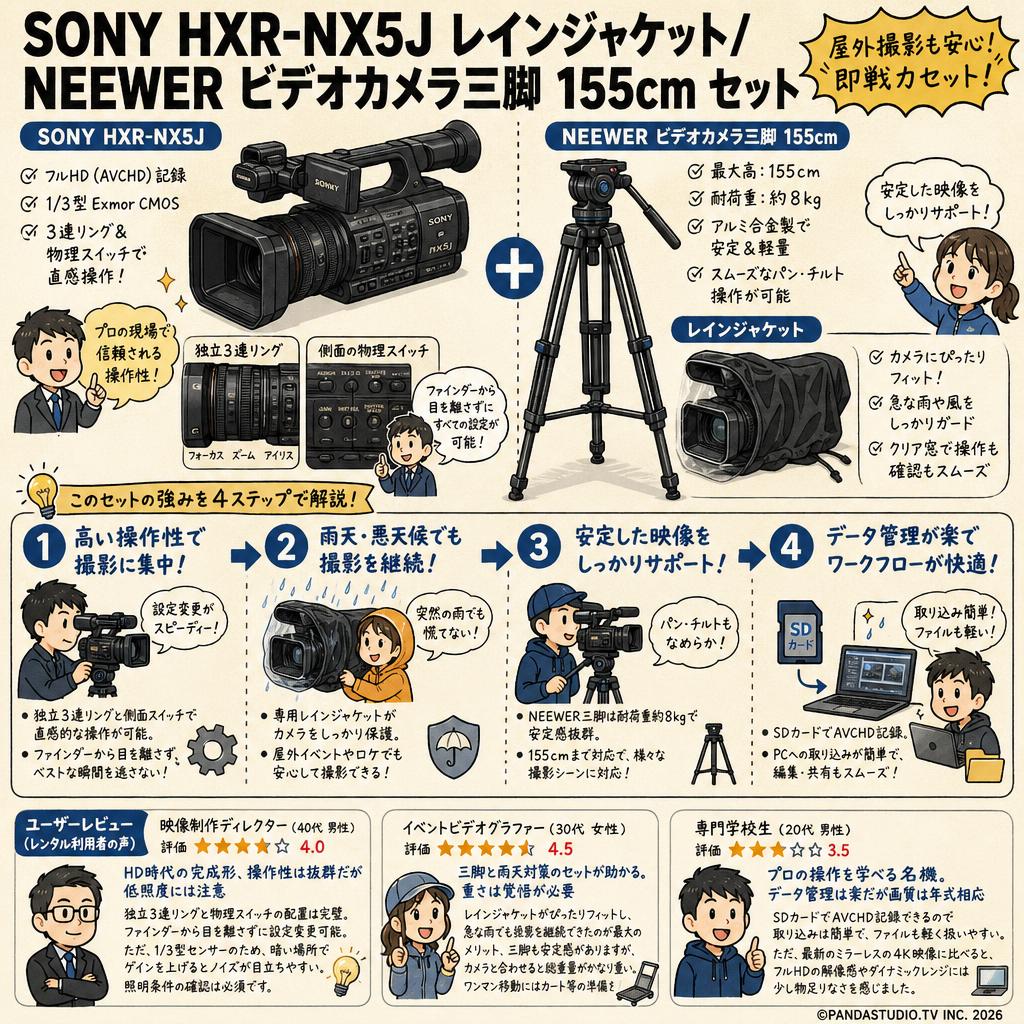 SONY HXR-NX5J レインジャケット/ NEEWER ビデオカメラ三脚 155cm セット インターネット上のお客様の声（評判）