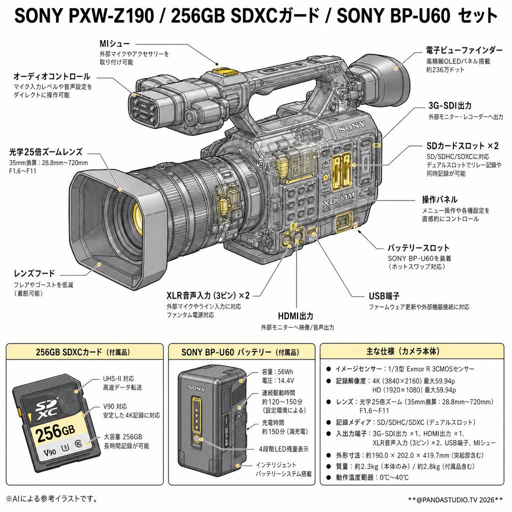 SONY PXW-Z190 / 256GB SDXCガード / SONY BP-U60  セット スペック