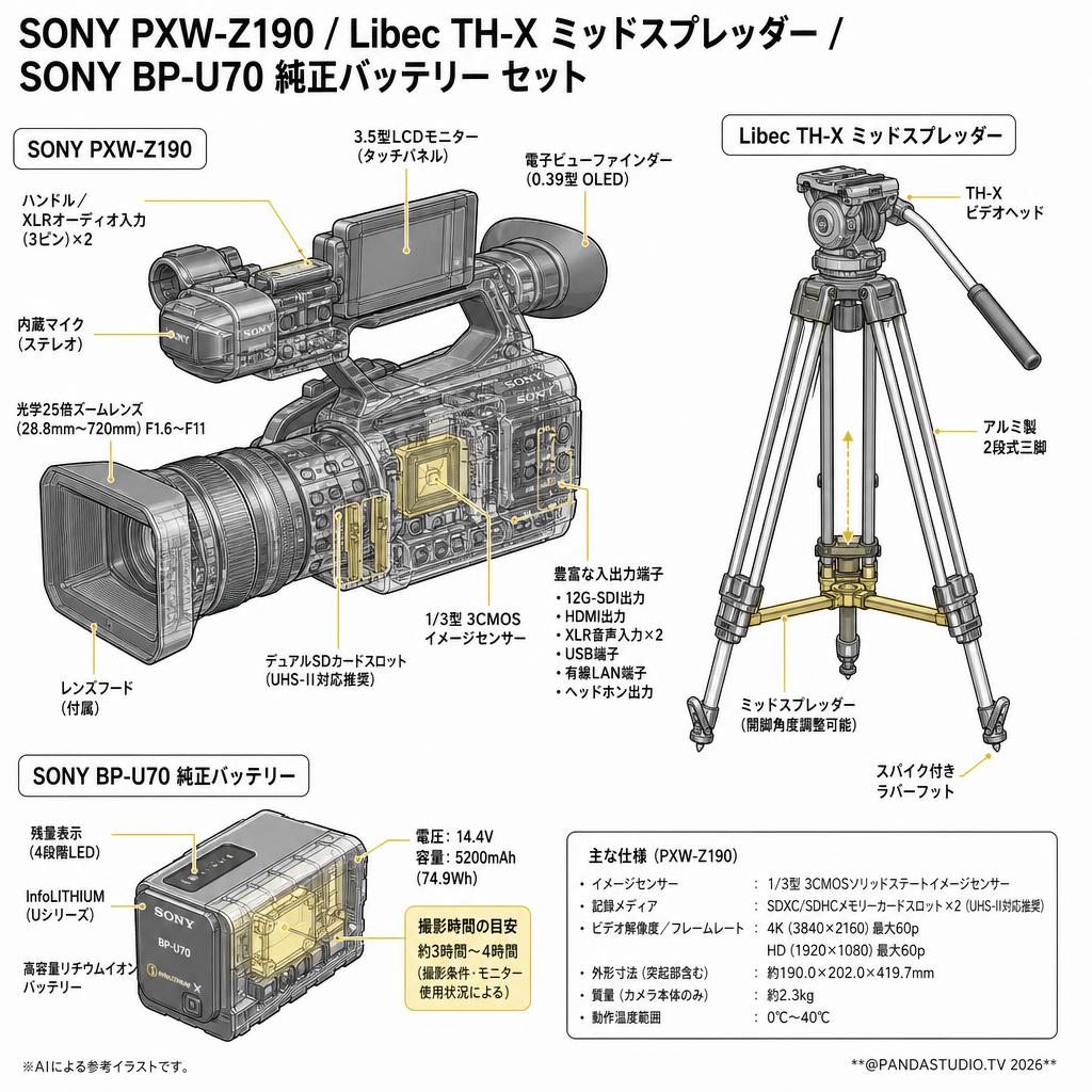 SONY PXW-Z190 / Libec TH-X ミッドスプレッダー / SONY BP-U70 純正バッテリー セット スペック