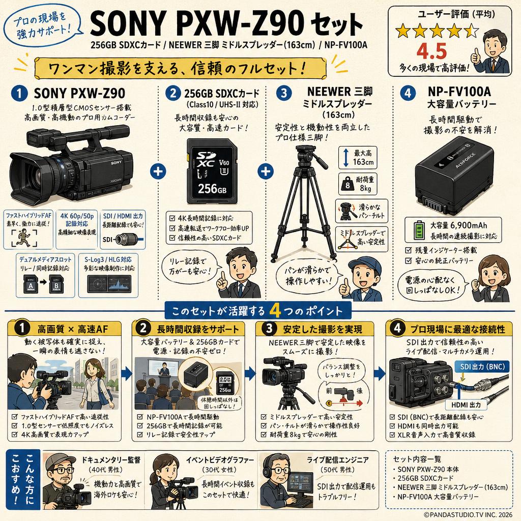 SONY PXW-Z90 / 256GB SDXCカード / NEEWER 三脚 ミドルスプレッダー(163cm) / NP-FV100A セット インターネット上のお客様の声（評判）