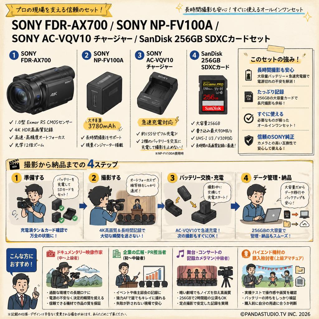 SONY FDR-AX700 / SONY NP-FV100A / SONY AC-VQV10 チャージャー / SanDisk 256GB SDXCカードセット おもな対象のお客様