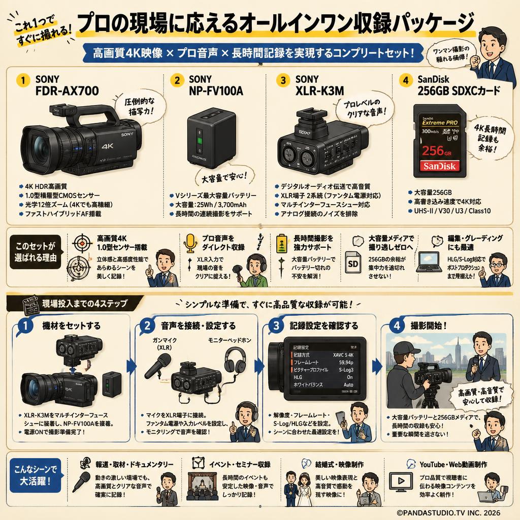 SONY FDR-AX700 / SONY NP-FV100A / SONY XLR-K3M / SanDisk 256GB SDXCカードセット 概要