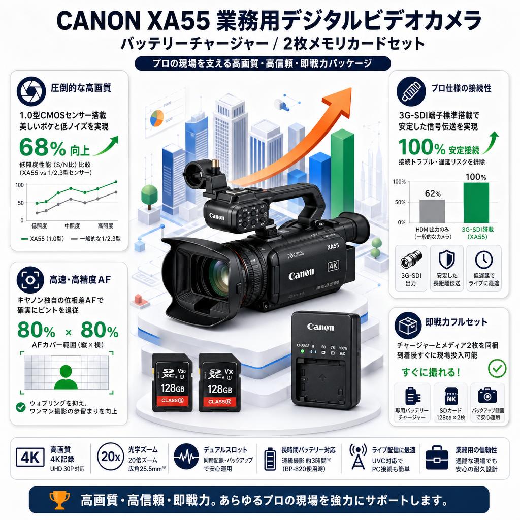 CANON XA55 業務用デジタルビデオカメラ / バッテリーチャージャー/2枚メモリカードセット セールスポイント