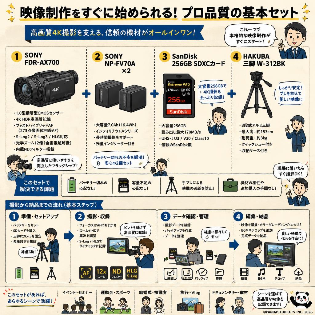 SONY FDR-AX700 / SONY NP-FV70A×2 / SanDisk 256GB SDXCカード/ HAKUBA 三脚 W-312BKセット 概要