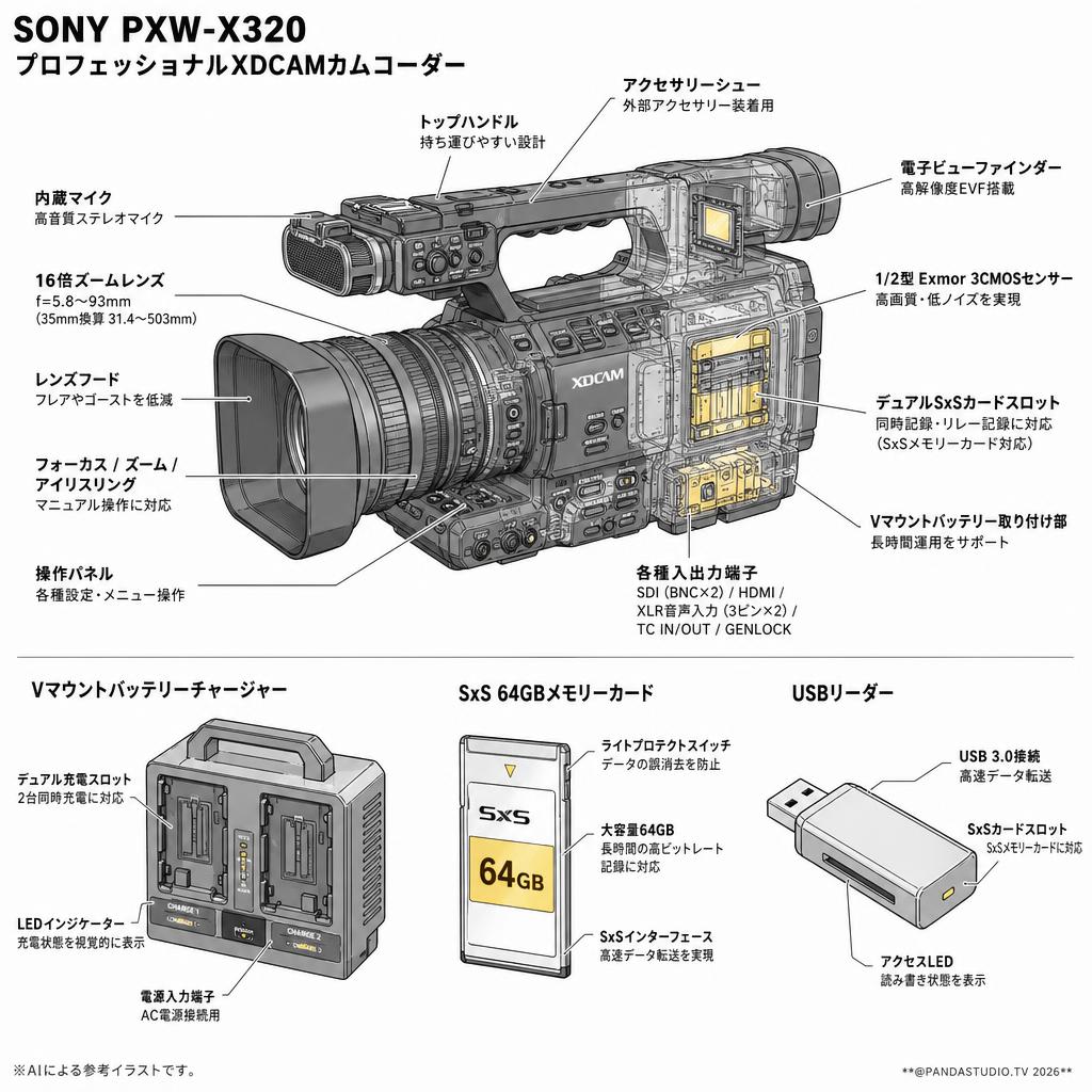 SONY PXW-X320 /  Vマウントバッテリーチャージャー / SxS 64GB メモリーカードUSBリーダーセット スペック