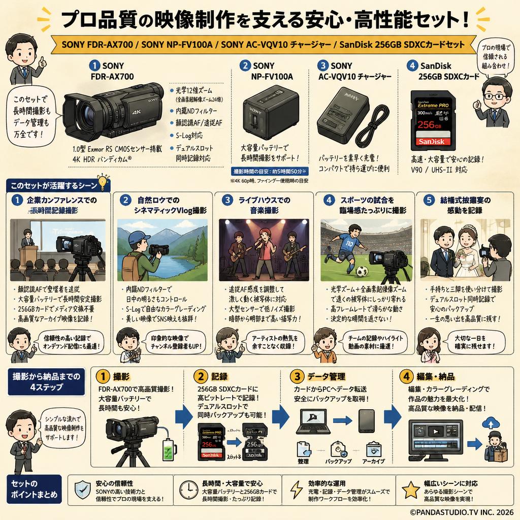 SONY FDR-AX700 / SONY NP-FV100A / SONY AC-VQV10 チャージャー / SanDisk 256GB SDXCカードセット 用途