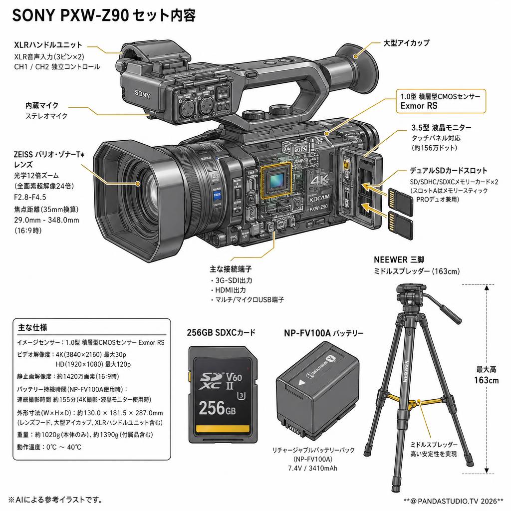 SONY PXW-Z90 / 256GB SDXCカード / NEEWER 三脚 ミドルスプレッダー(163cm) / NP-FV100A セット スペック