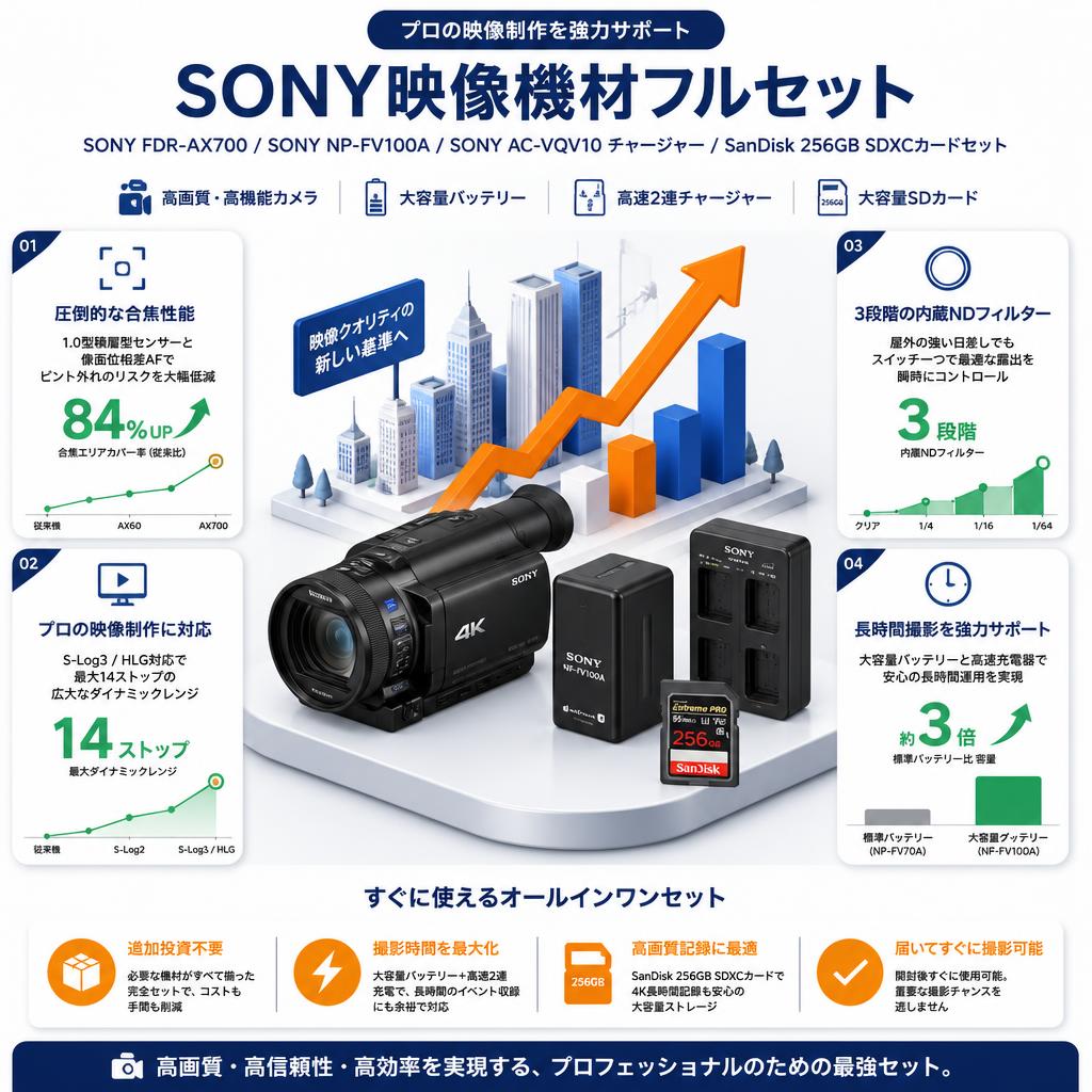 SONY FDR-AX700 / SONY NP-FV100A / SONY AC-VQV10 チャージャー / SanDisk 256GB SDXCカードセット セールスポイント