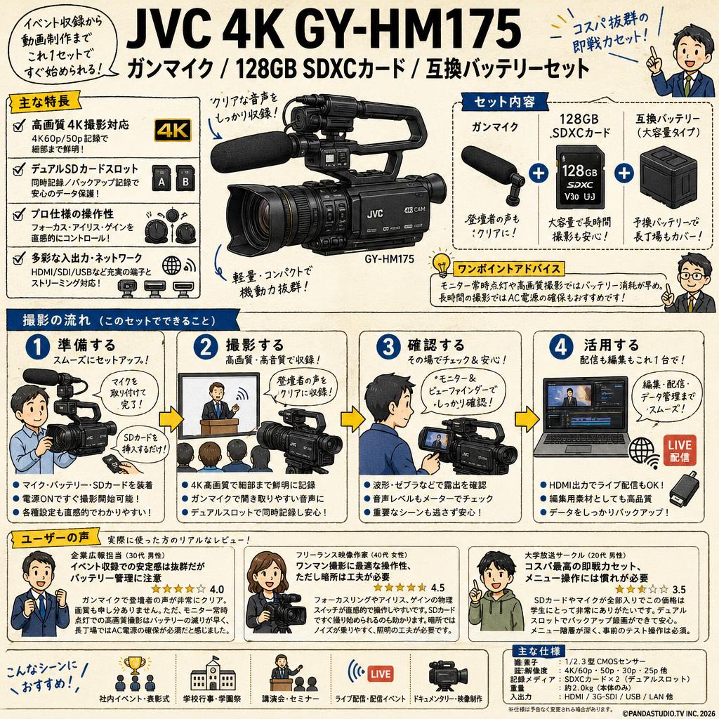 JVC 4K GY-HM175 / ガンマイク / 128GB SDXCカード / 互換バッテリーセット インターネット上のお客様の声（評判）