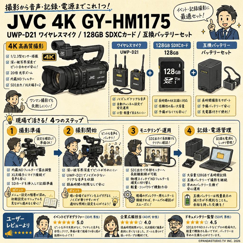 JVC 4K GY-HM175 / UWP-D21 ワイヤレスマイク / 128GB SDXCカード / 互換バッテリーセット インターネット上のお客様の声（評判）