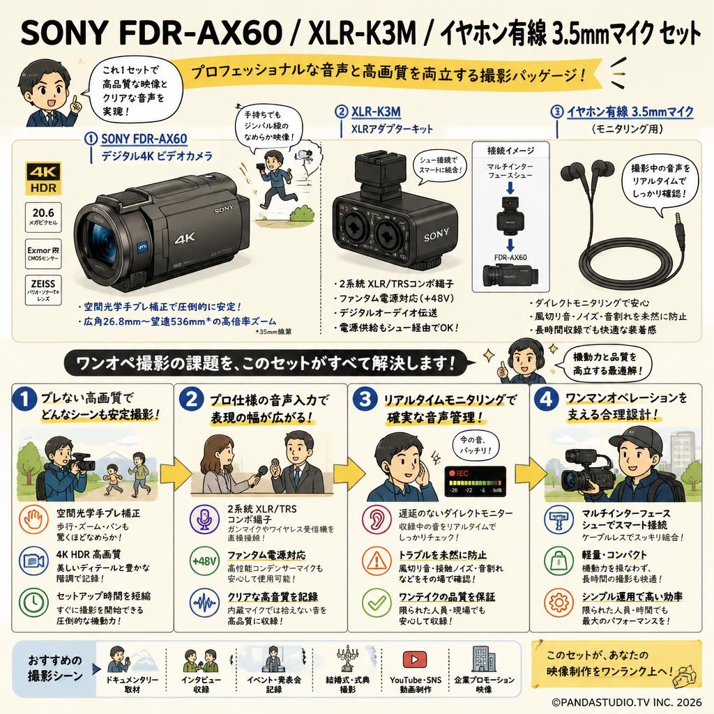 SONY FDR-AX60 デジタル４K / XLR-K3M / イヤホン有線 3.5mmマイク セット 概要