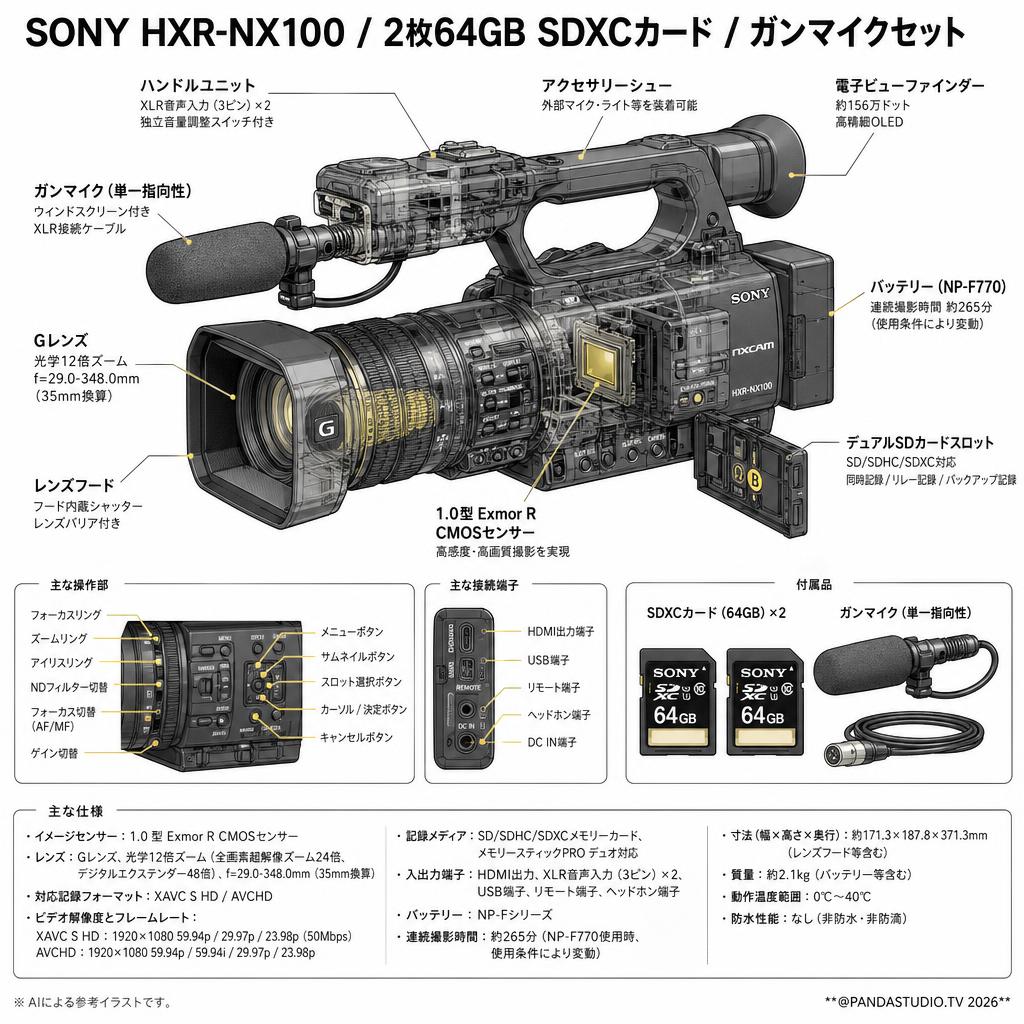 SONY HXR-NX100 / 2枚64GB SDXCカード / ガンマイクセット スペック