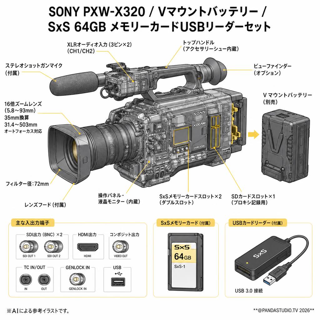 SONY PXW-X320 /  Vマウントバッテリー / SxS 64GB メモリーカードUSBリーダーセット スペック