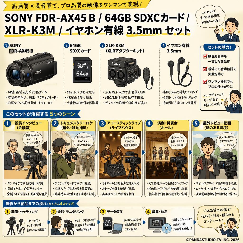 SONY FDR-AX45 B / 64GB SDXCカード / XLR-K3M / イヤホン有線 3.5mm セット 用途