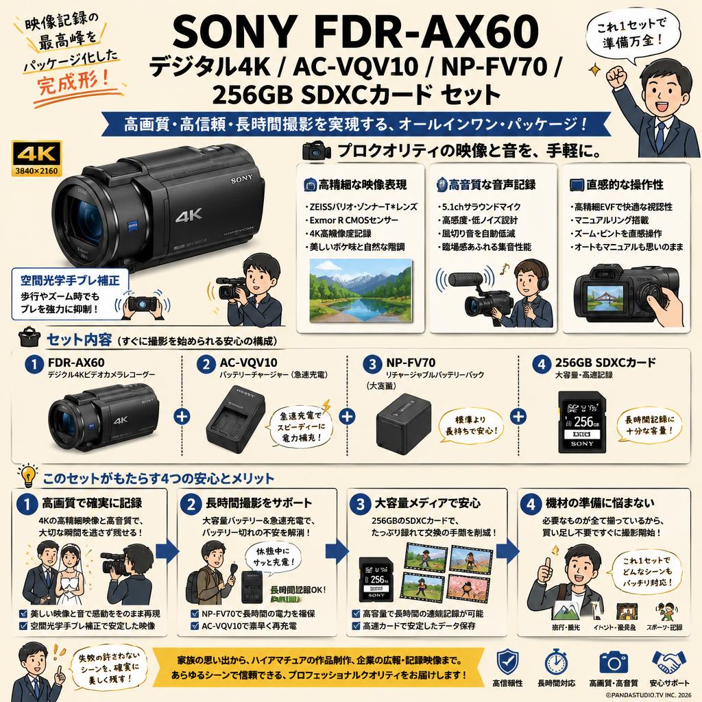 SONY FDR-AX60 デジタル４K / AC-VQV10 / NP-FV70 / 256GB SDXCカード セット 概要