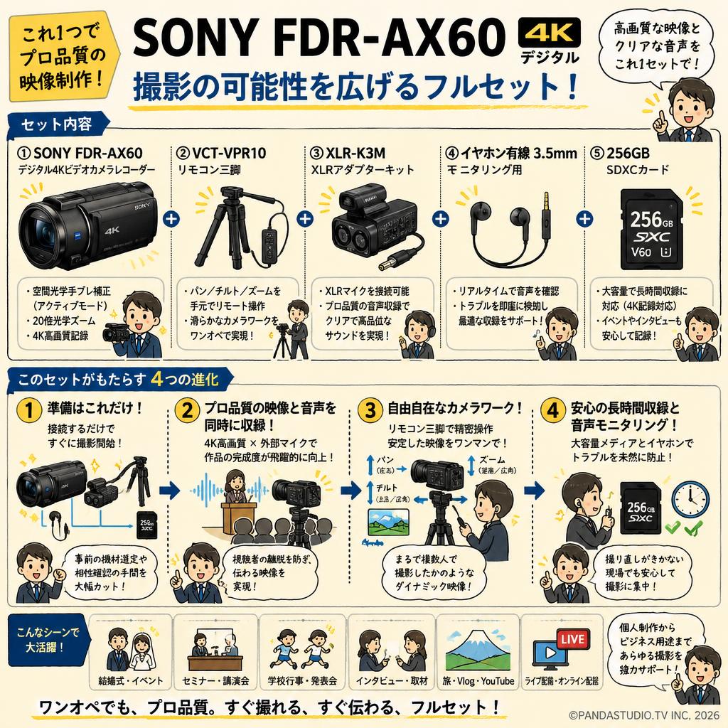 SONY FDR-AX60 デジタル４K / VCT-VPR10 / XLR-K3M / イヤホン有線 3.5mm / 256GB SDXCカード セット 概要