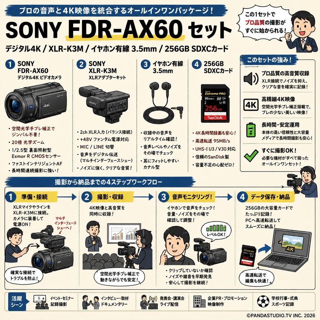 SONY FDR-AX60 デジタル４K / XLR-K3M / イヤホン有線 3.5mm / 256GB SDXCカード セット 概要